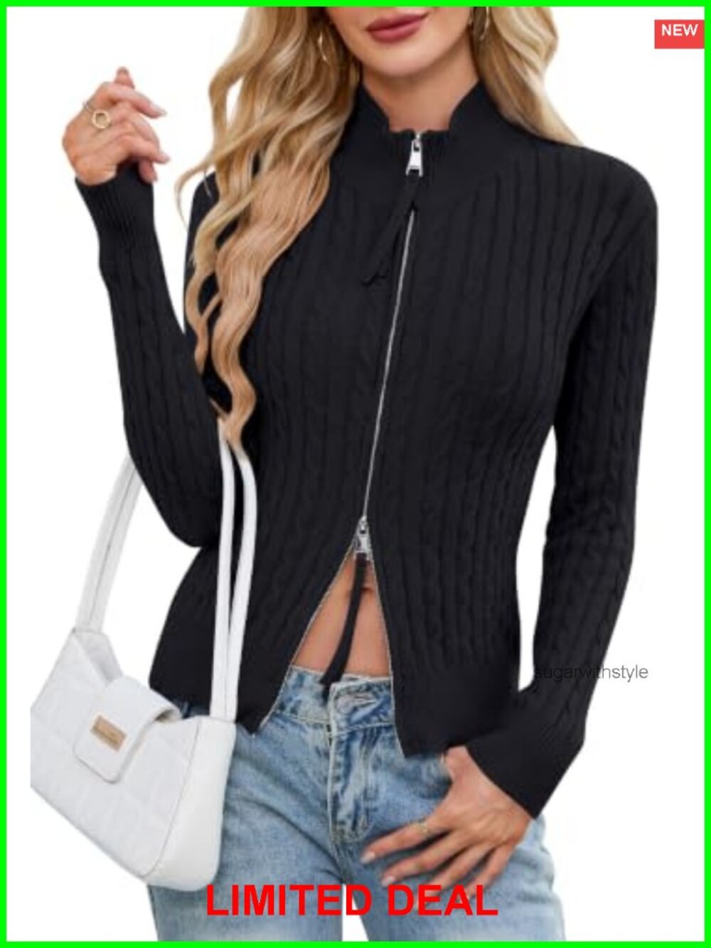 Cable Knit Cardigan Zip Up Mock Neck Long Sleeve Sweater Jacket Women